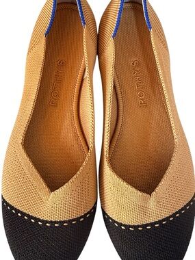 Rothy's Tan and Black Pointed Knit Ballet Flats with Blue Trim